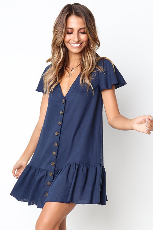 Button-up V-neck Ruffle Mini Dress - 4 Colors Navy Blue