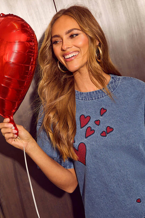 Keep It Interesting Short Sleeve Red Heart Denim Mini Dress