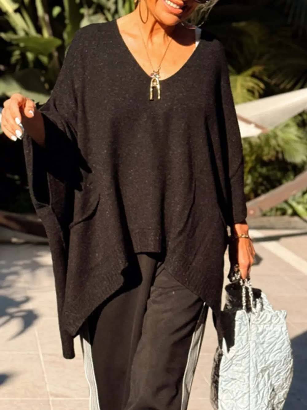 Classic Fashion V-neck Loose Pocket Mid-length Knitted Sweater Black