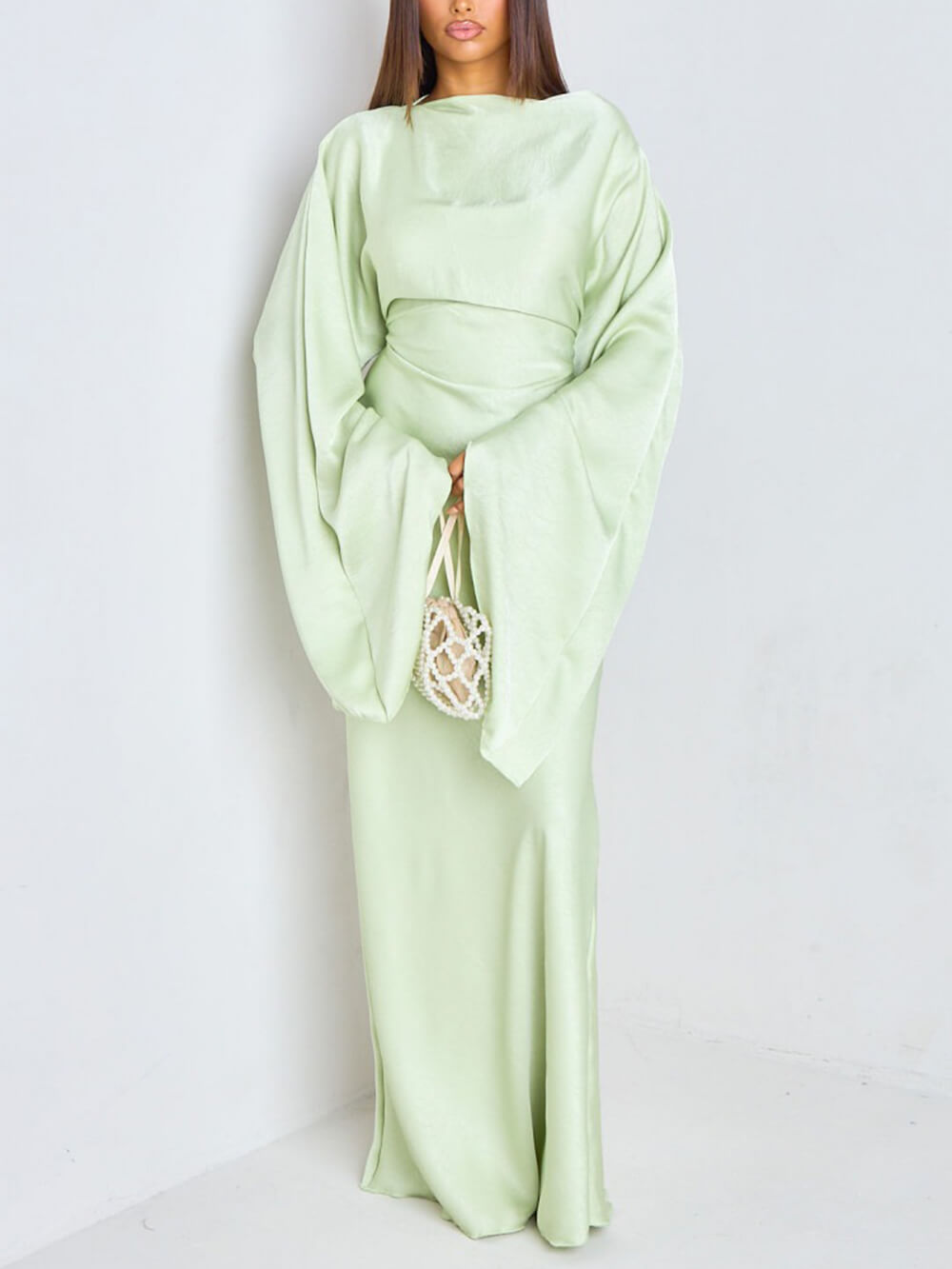 Elegant Ruched Satin Lantern-Sleeve Maxi Dress Light Green
