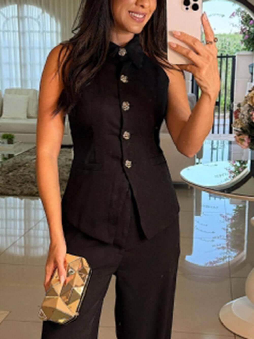 Perfect Charm Elegant High Neck Solid Color Button Vest Top Black