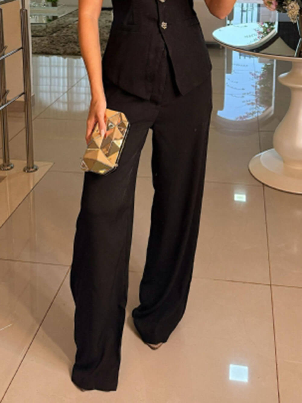 Perfect Charm Elegant Solid Pocket Wide-Leg Pants Black