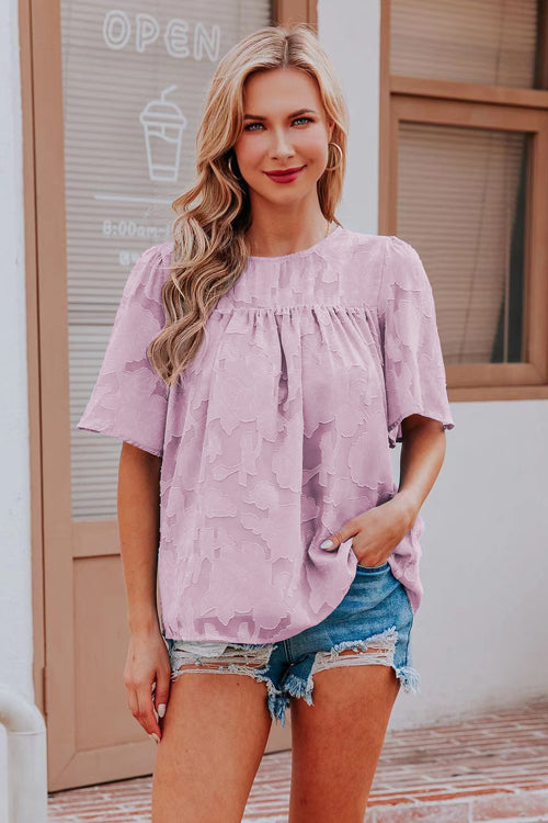 Mind On Sunshine Floral Jacquard Short Sleeve Top - 6 Colors Purple