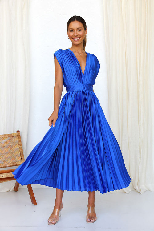 It's Another Day V-Neck Pleated Midi Dress - 5 Colors Blue