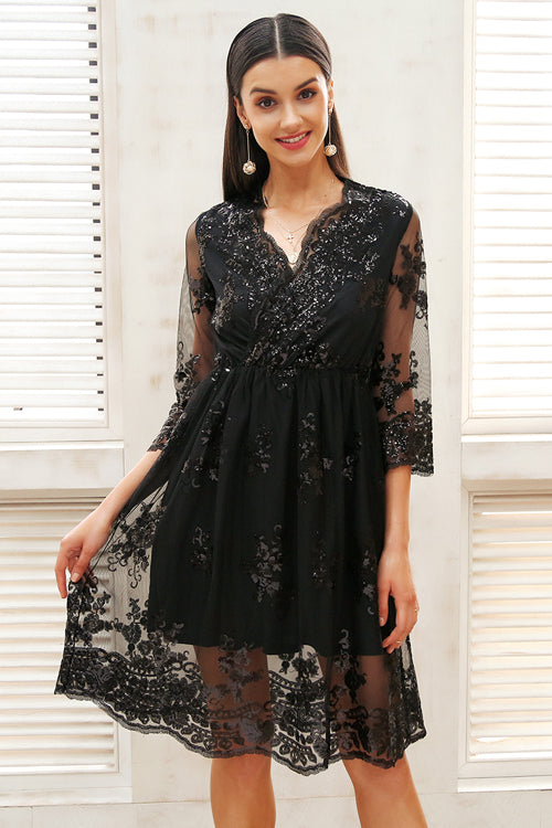 Sequin V-neck Half Sleeve Dress - 2 Colors Black