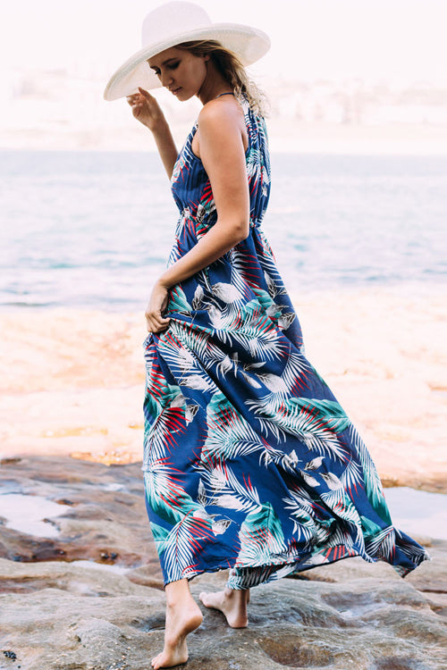 Boho Print Elastic Beach Maxi Dress - 4 Colors Blue
