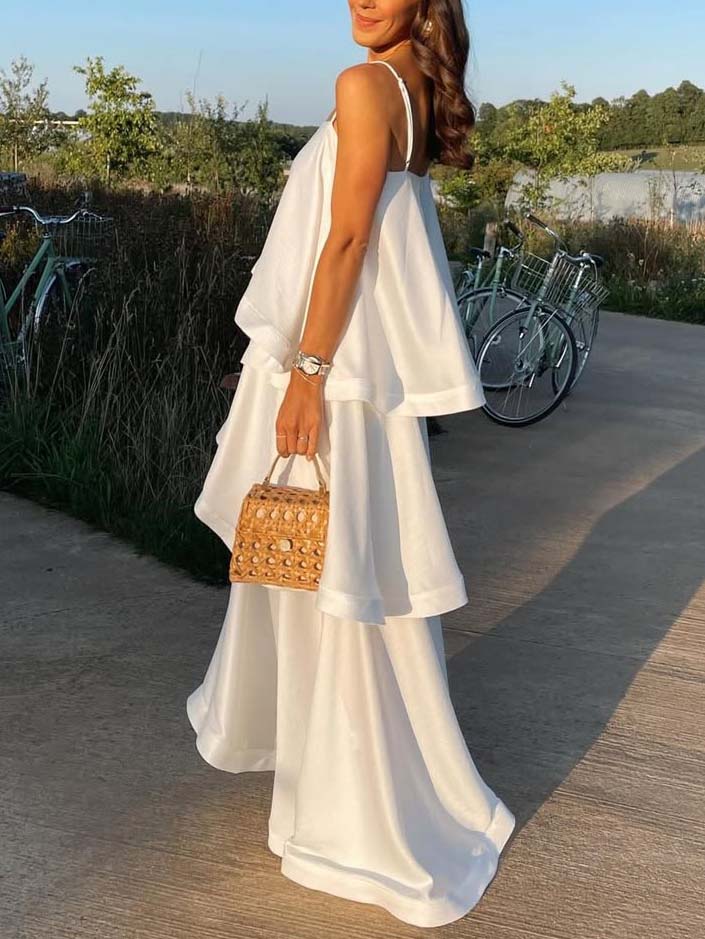 Elegant Three-layer Ruffle Sling Maxi Dress White