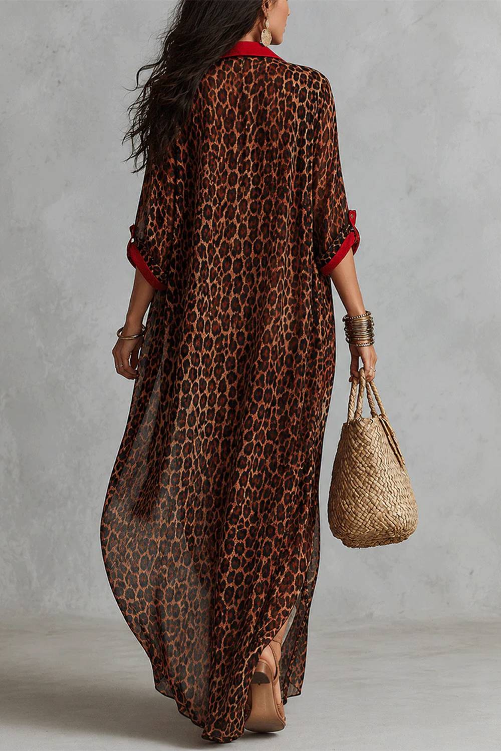 Vintage Leopard Print Contrast Shirt Long Dress