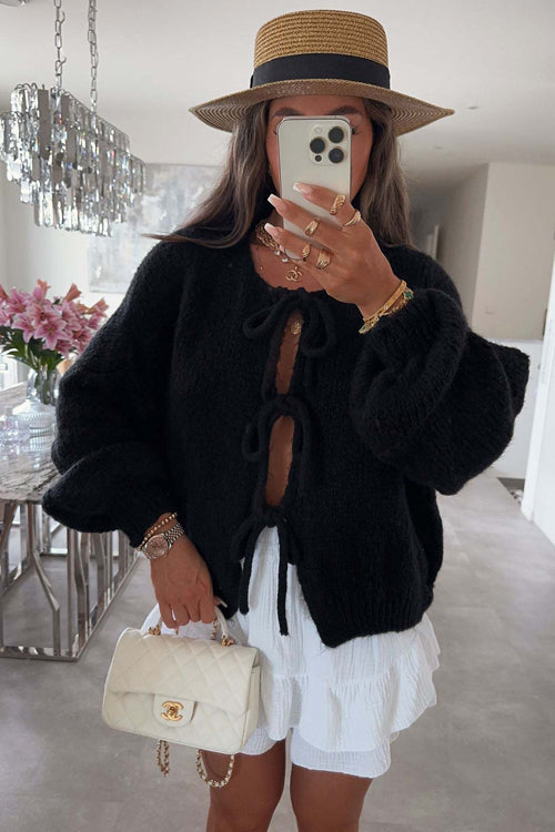 Uniquely Cozy Tie-Front Knit Cardigan Sweater - 4 Colors Black