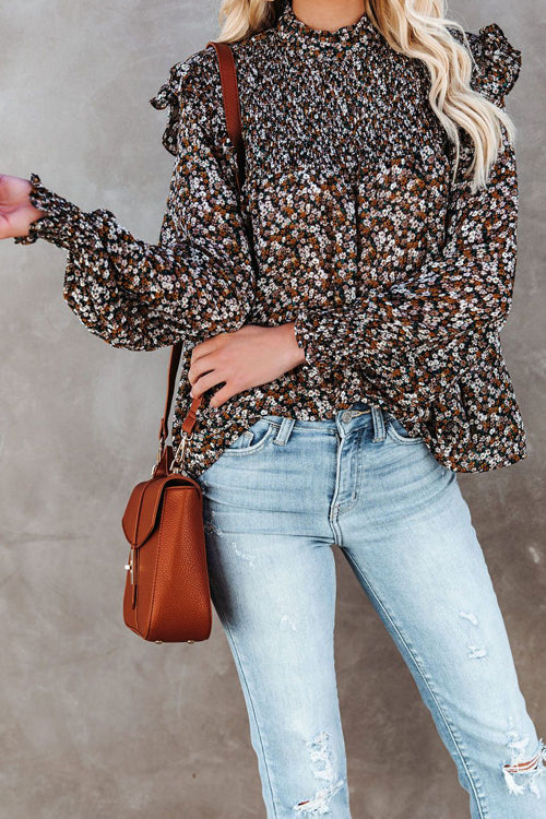 Evermore Floral Print Smocked Ruffle Top - 3 Colors Black