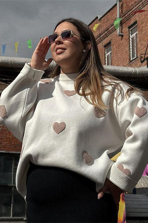 Warmly Adorable Heart Oversized Knit Top - 7 Colors White (khaki heart)