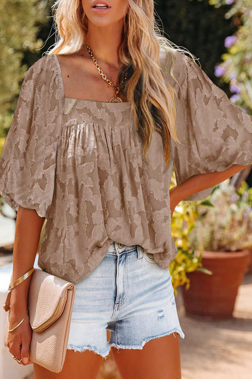 Hours with You Floral Jacquard Short Sleeve Top - 7 Colors Khaki