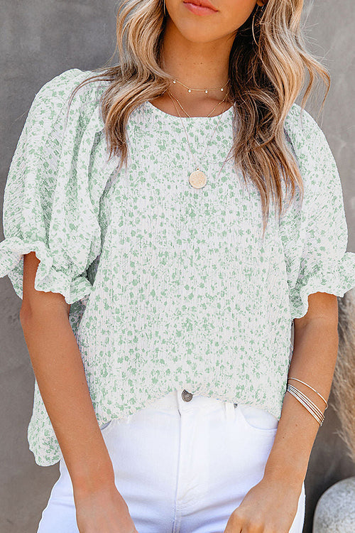 Floral Print Babydoll Puff Sleeve Blouse Top - 4 Colors Light Green