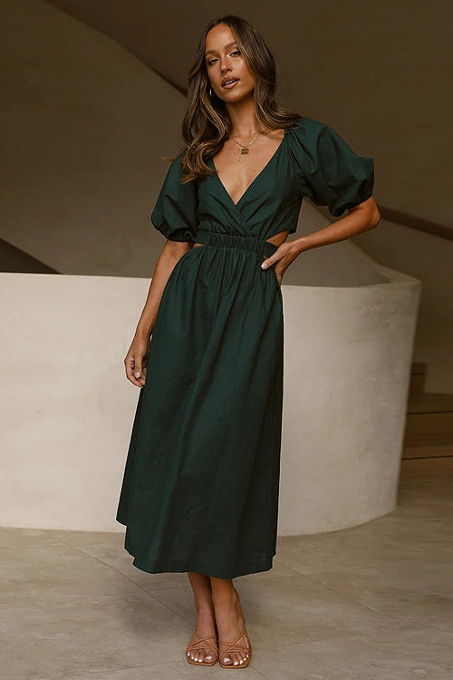In Love Forever Puff Sleeve Cutout Midi Dress - 4 Colors Olive Green