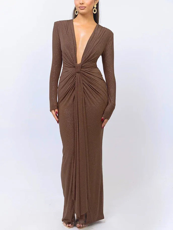 Elegant Deep V-neck Ribbon Slit Tight Maxi Dress Brown