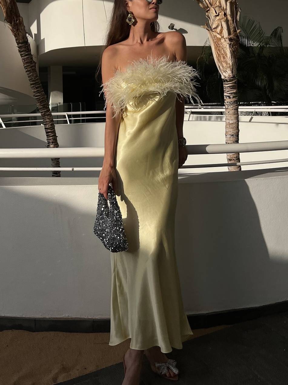 Light Luxury Feather Tube Top Maxi Dress Yellow