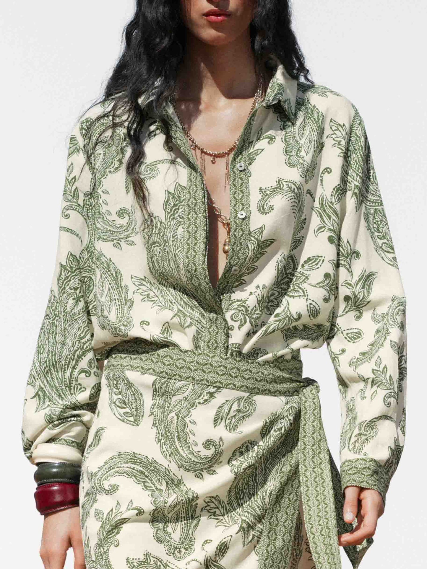 Retro Cashew Flower Print Long-sleeved Floral Shirt Green