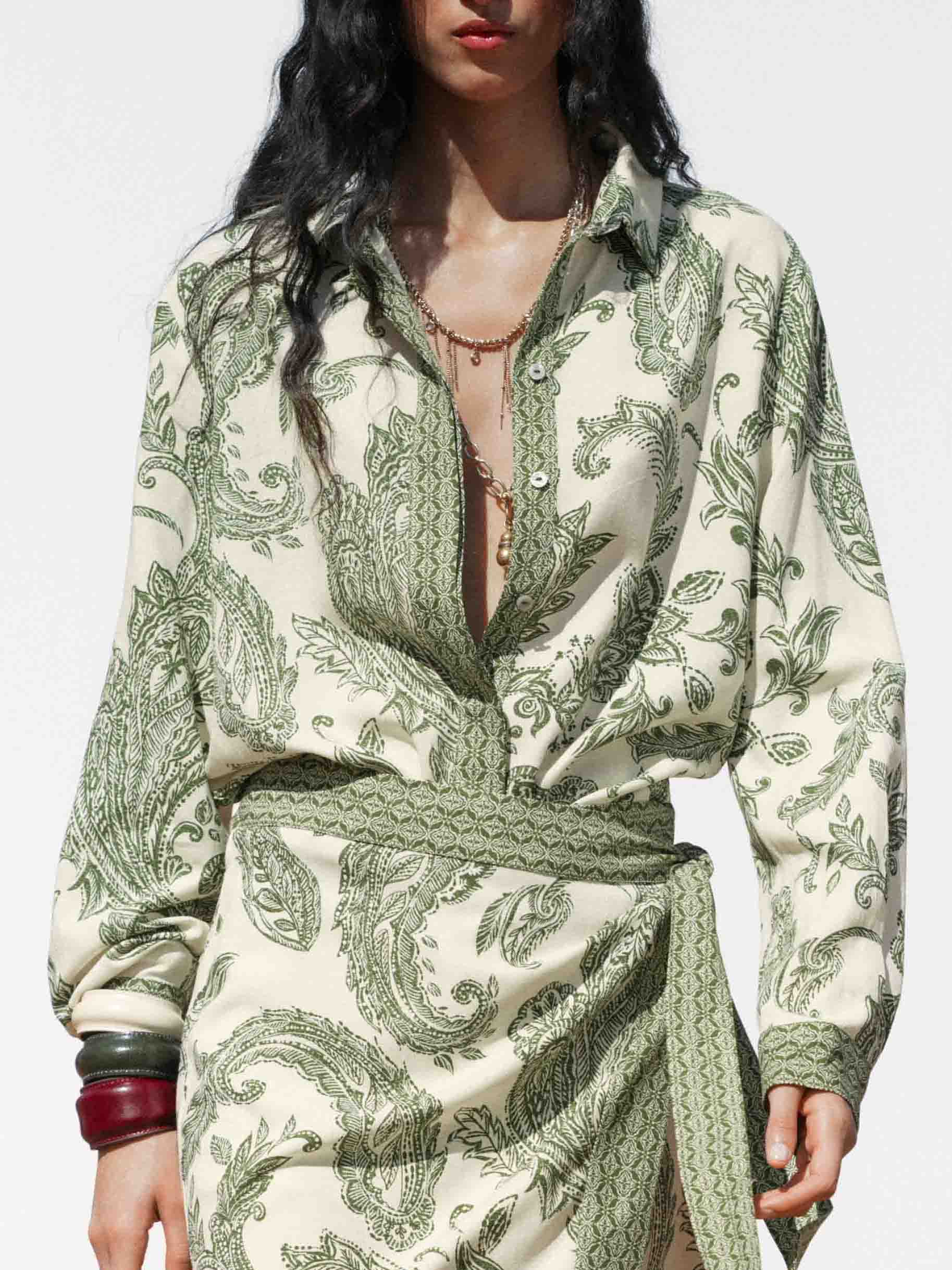 Retro Cashew Flower Print Long-sleeved Floral Shirt Green