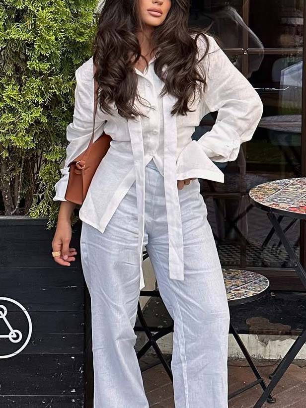 Minimalist Stand-up Collar Ribbon Back Lace-up Shirt and Wide Leg Pants Set-Shirt White