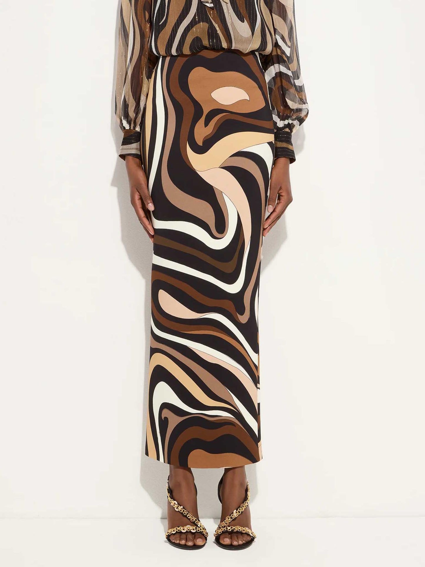 Retro Abstract Print Chiffon Shirt Brown Skirt
