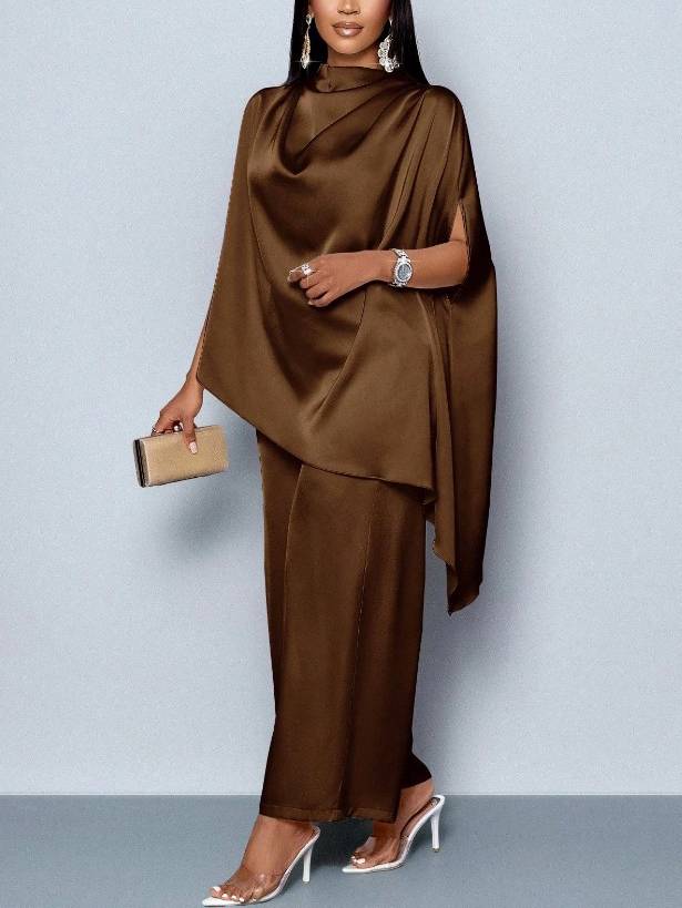 Swing Collar Irregular Hem Shirt And Wide Leg Pants Suit Coffee