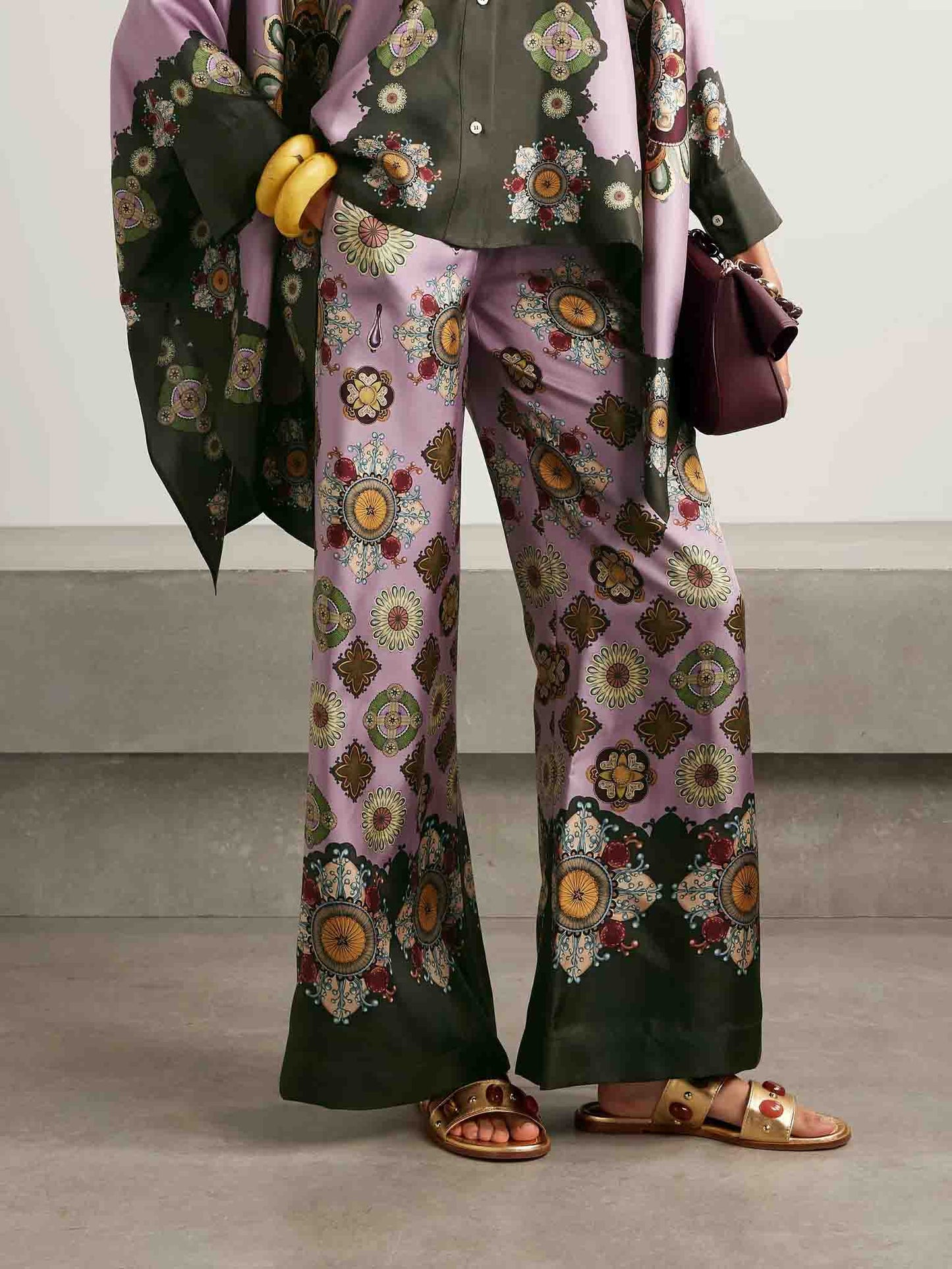 Retro Fine Satin Floral Print Wide-Leg Pants Purple