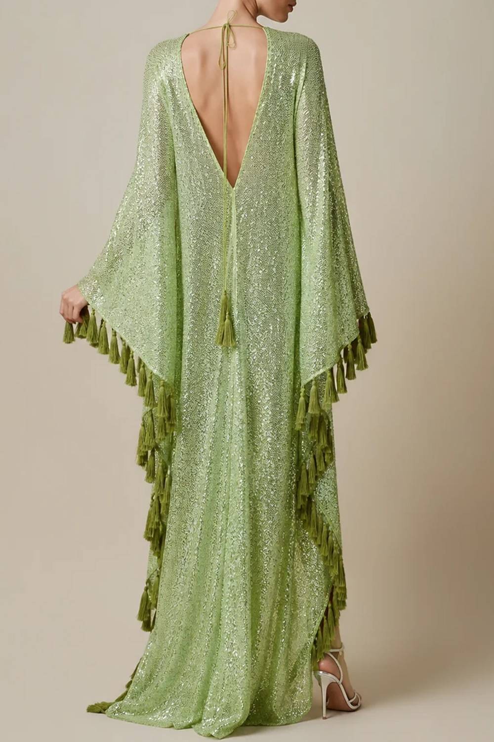 Deep‑V Flare Sleeve Tassel‑Trim Sequin High‑Slit Floor‑Length Evening Gown