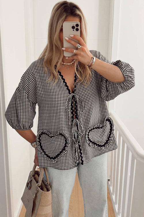 Adorably Elite Tie-Front Gingham Top - 9 Colors Black