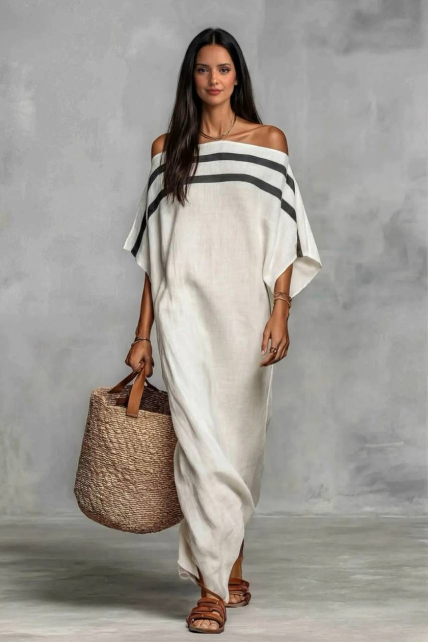Off-Shoulder Color Contrast Loose Maxi Dress Off White