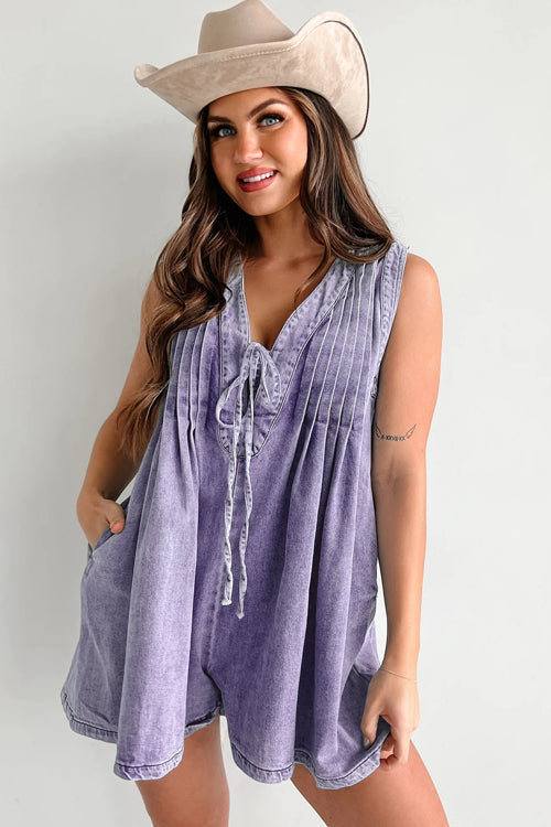 Luck And Love Pocket Denim Sleeveless Romper Purple