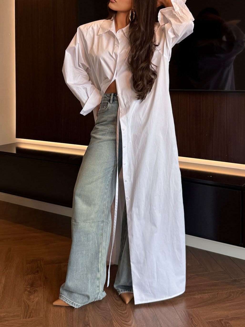 Casual Slit Cotton Shirt Maxi Dress White