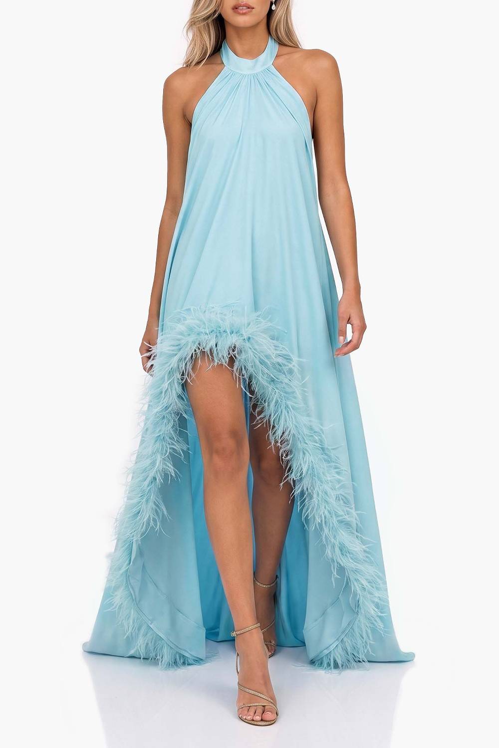 Halter-neck Feather-trimmed High-slit Long Evening Gown Blue
