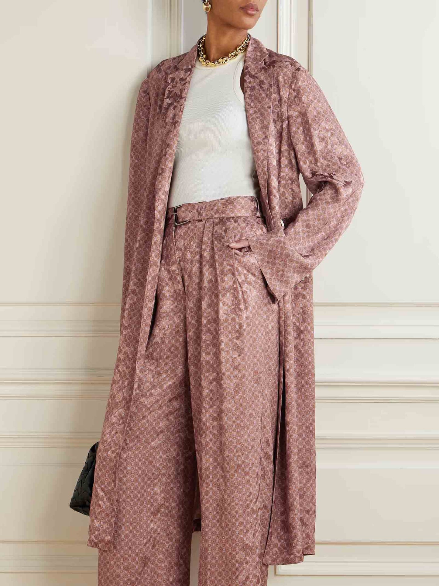 Retro Exquisite Geometric Pattern Print Long Coat Dark Camel