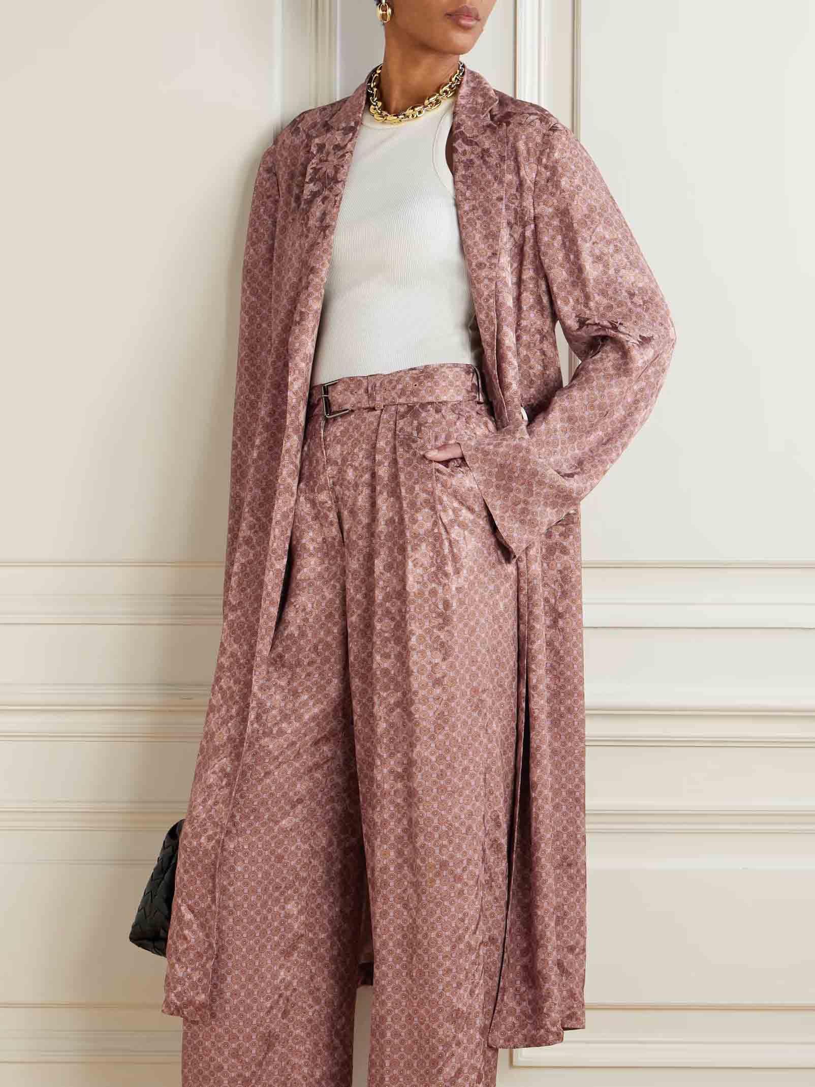 Retro Exquisite Geometric Pattern Print Long Coat Dark Camel