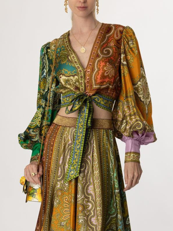 Exquisite Bohemian Paisley Print Satin Two-Piece Set Multi Top