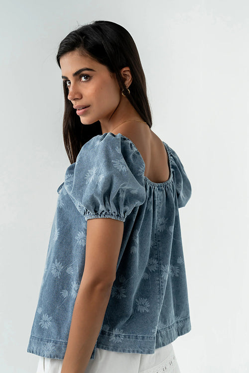 Consistently Confident Short Sleeve Print Denim Top