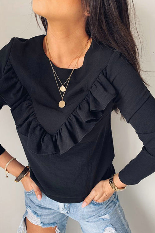 Coastline Ruffle Shoulder Long Sleeve Shirt - 3 Colors Black