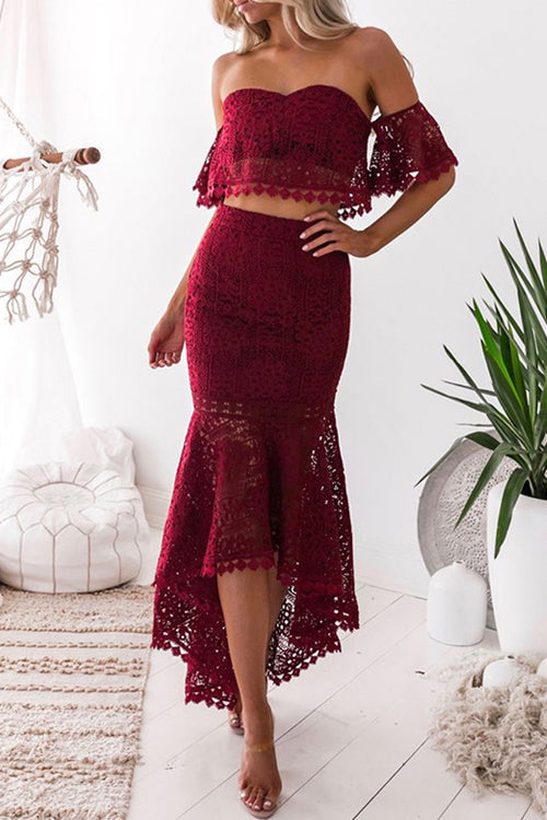 Lace Hollow-out High&Low Suit Wine Red