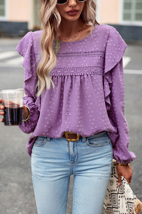 Miss You So Swiss Dot Lace Ruffled Long Sleeve Top - 5 Colors Purple