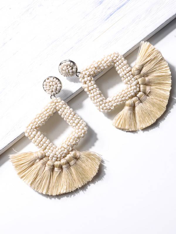 Hand-woven Tassel Earrings Beige F