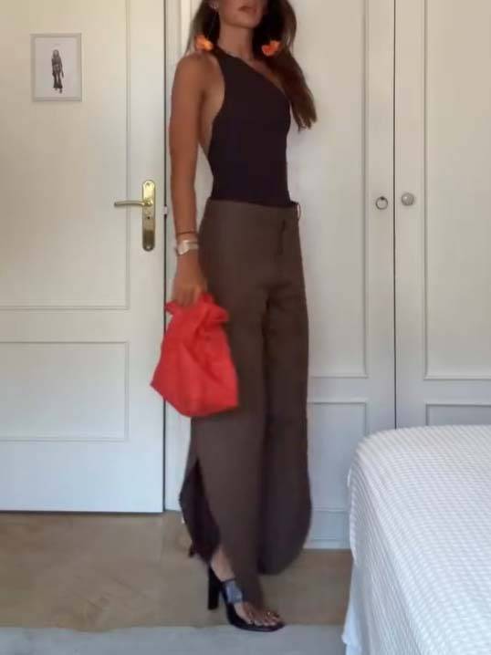 Oblique Collar Off-shoulder bodysuits And Side Slits Wide Leg Pants Suit- Pants