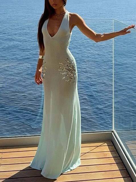 Sequined V-neck Backless Knit Maxi Dress Blue