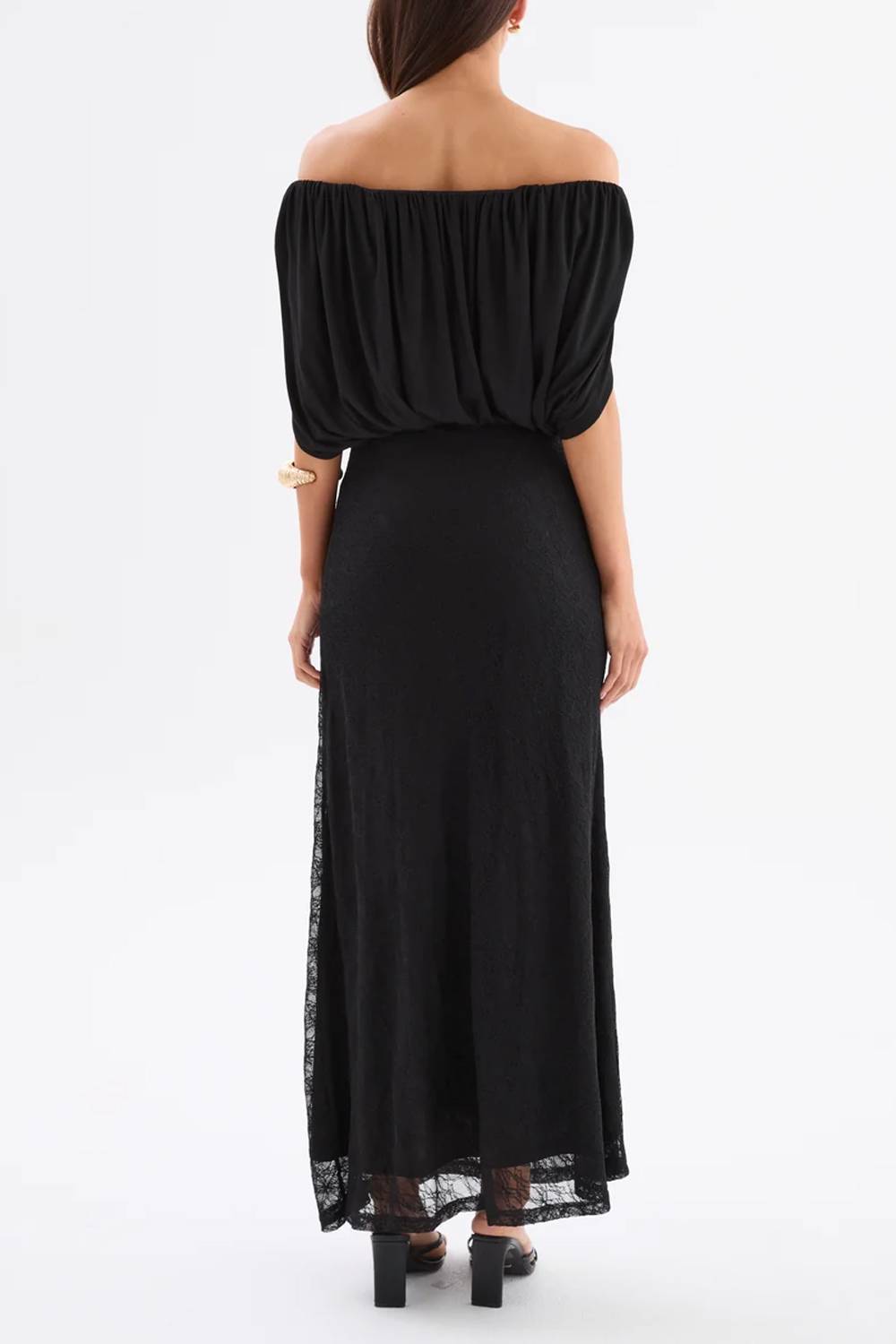 Off‑Shoulder Cape‑Sleeve Draped Mixed Lace Slit Maxi Evening Dress