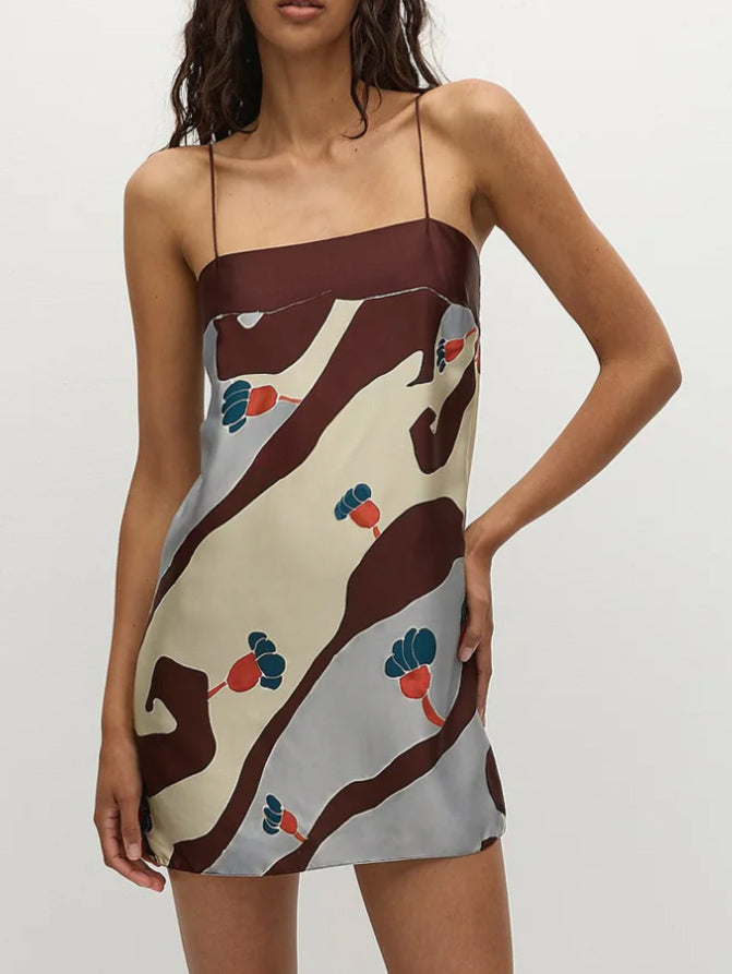 Unique Satin Abstract Floral Print Tank Top Brown