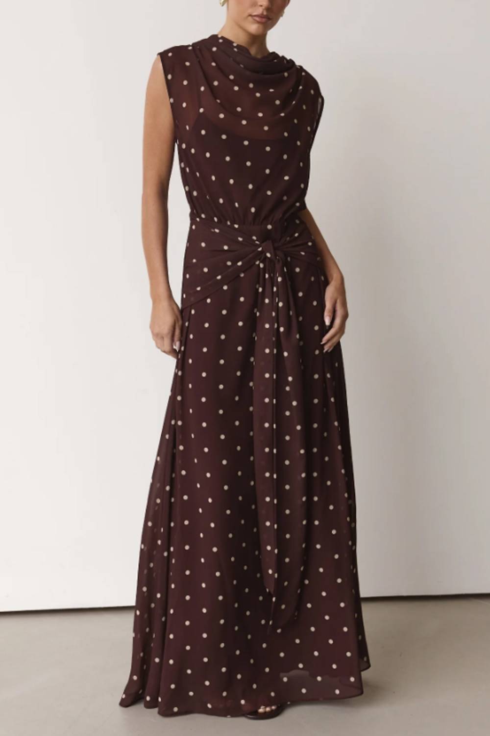 Swing Collar Sleeveless Polar Dot Tight Waist Long Dress