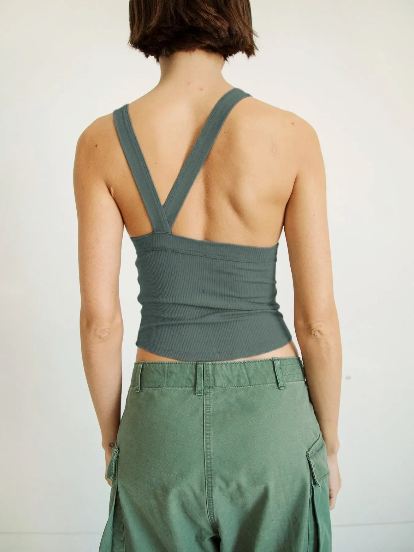 Asymmetrical Back Ribbed Crop Tank Top