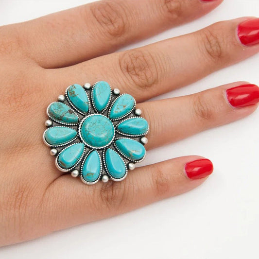 Boho Turquoise Alloy Flower Ring