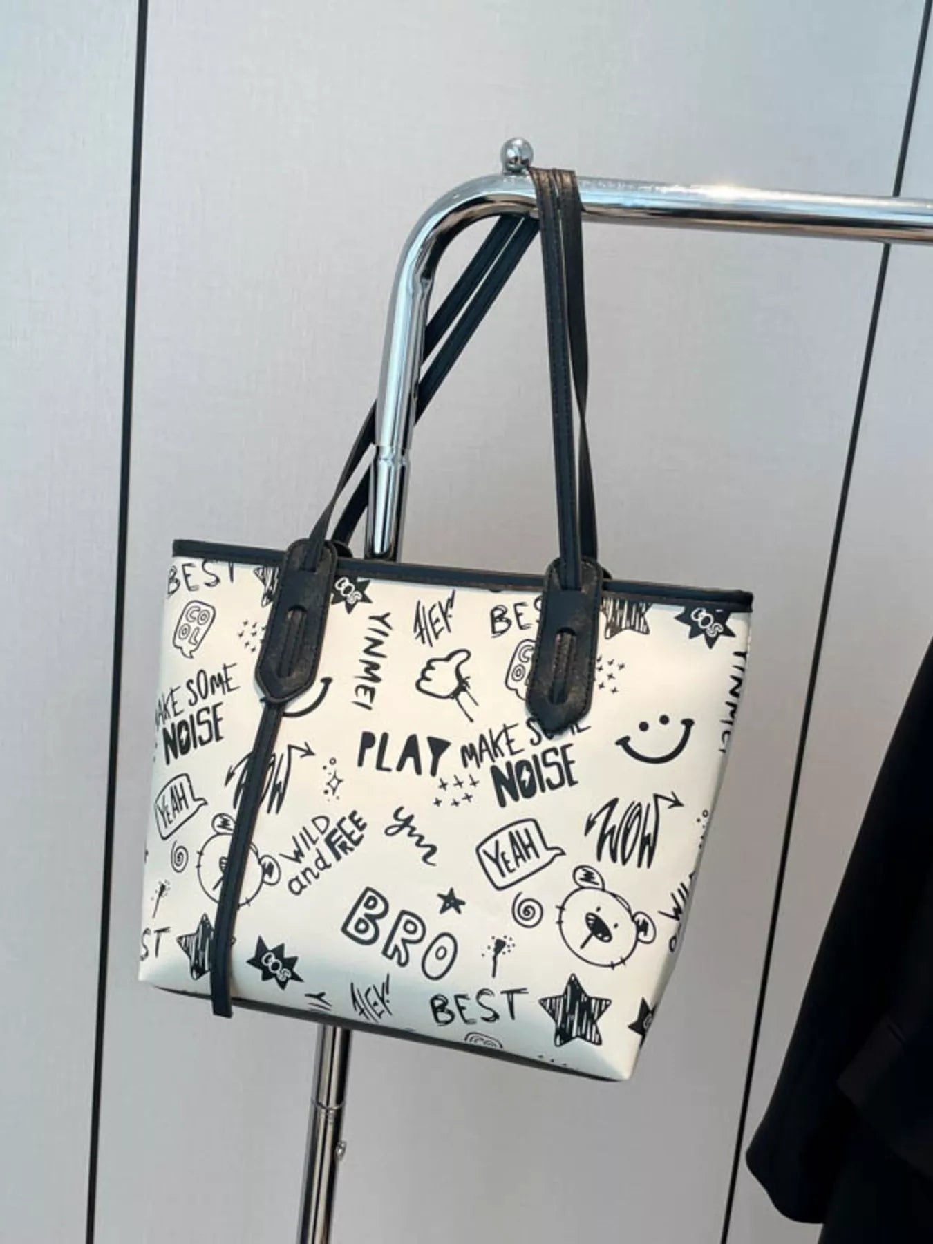 Trendy Graffiti Print Casual Tote Bag – Large Canvas Shoulder Bag for Women