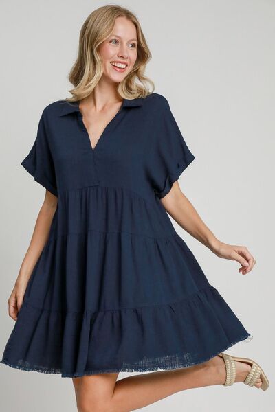 Raw Edge Folded Sleeve Tiered Dress
