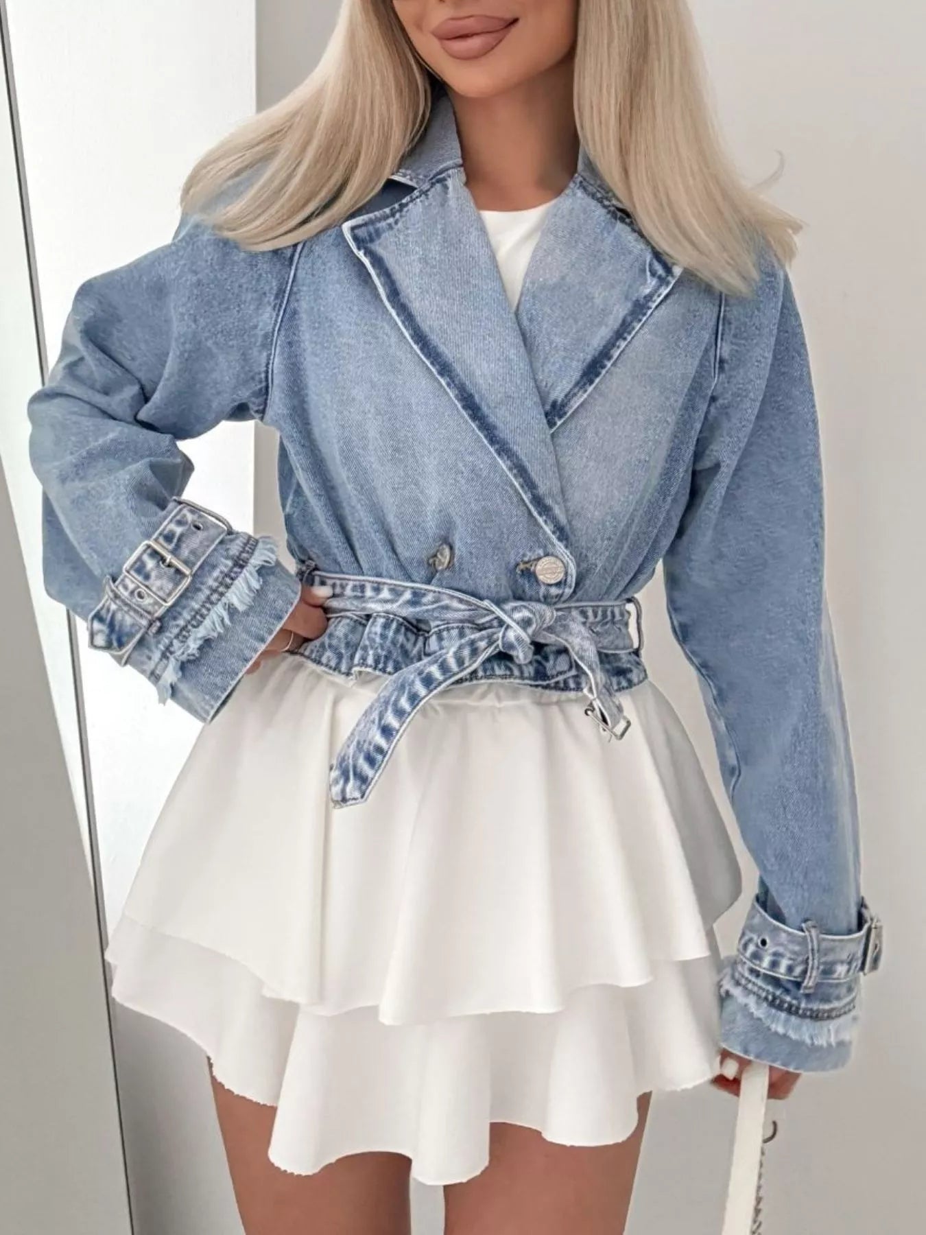 Y2K Blazer Like Moto Long Sleeve Crop Denim Jacket
